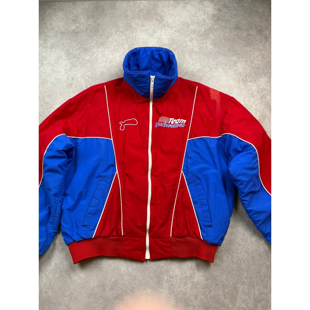 VTG Team Budweiser Racing Bomber Jacket Red Blue Colorblock Mens Large USA 90s